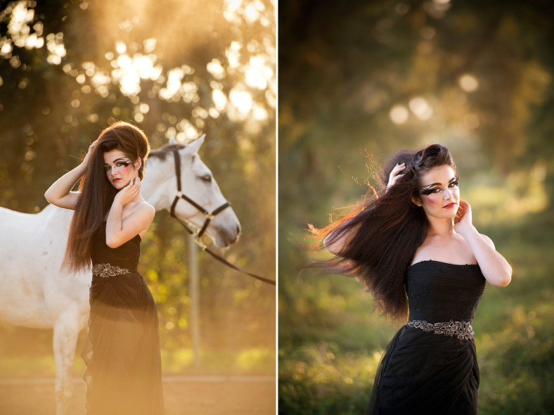 Girl with black Olivelli wedding dress and horse