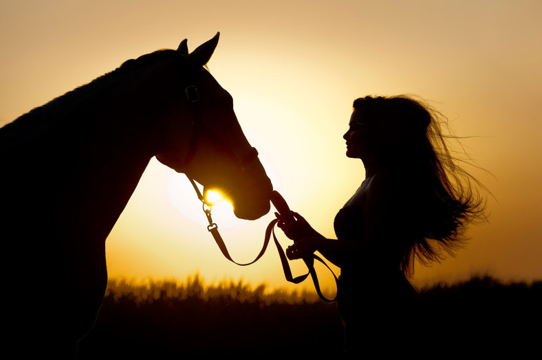 Sunset shot of girl and horse