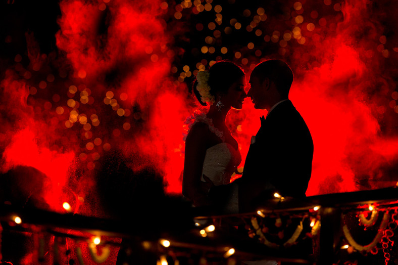 Arty night time photo of bride and groom