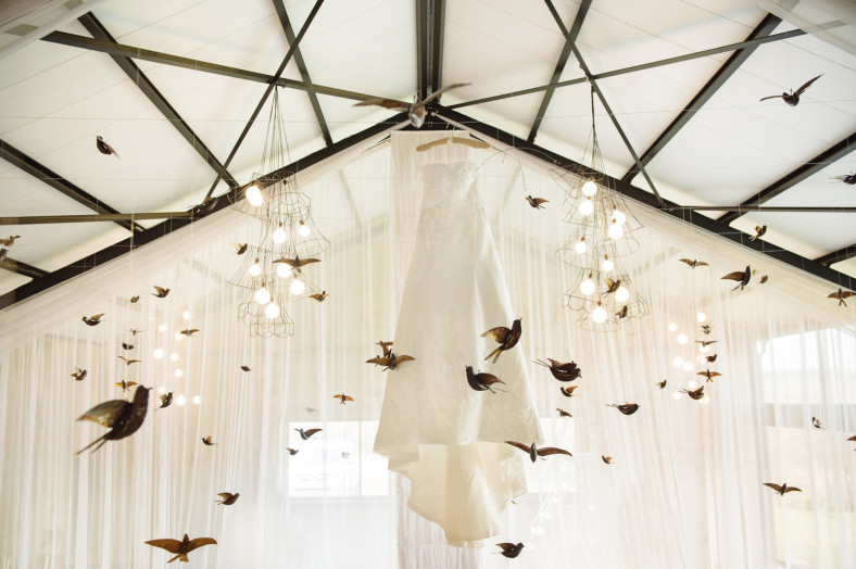 Wedding dress with swallows