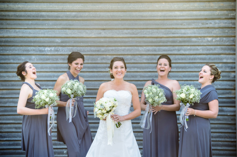 bride with bridesmaids in grey