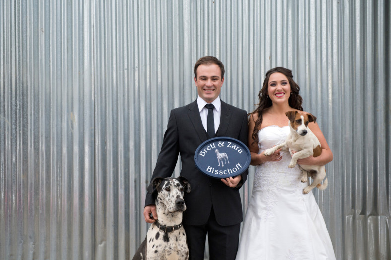 bride and groom with dog