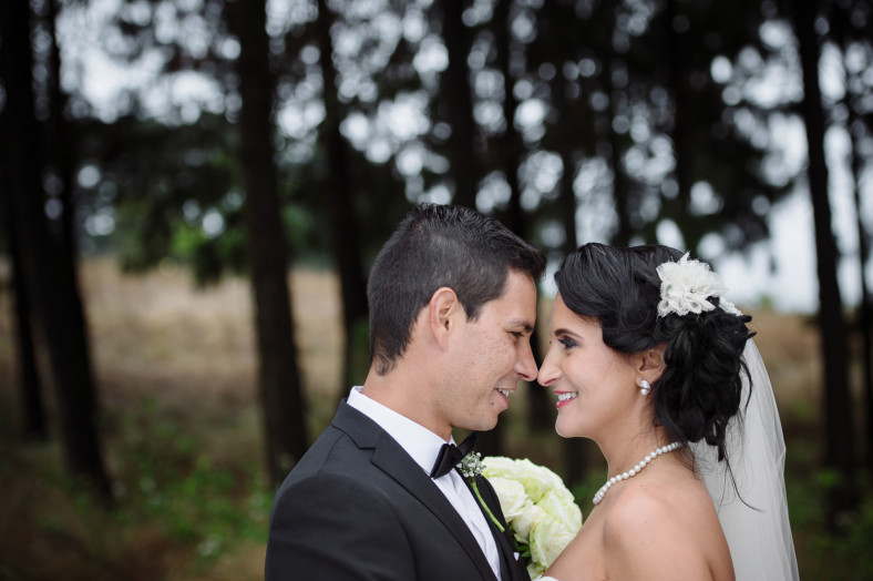 bride and groom in forest