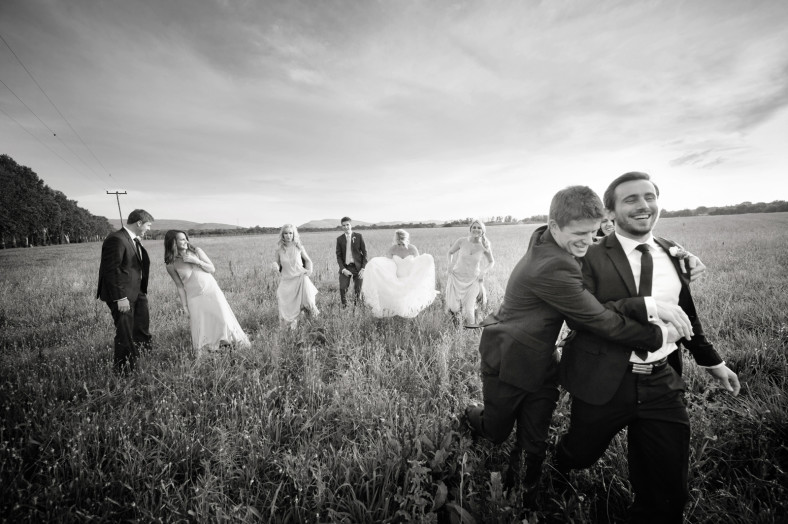 bridal party laughing