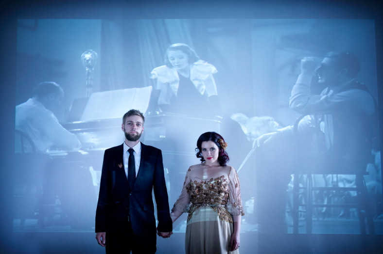 bride and groom with projection