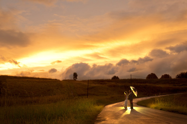 bride and groom sunset