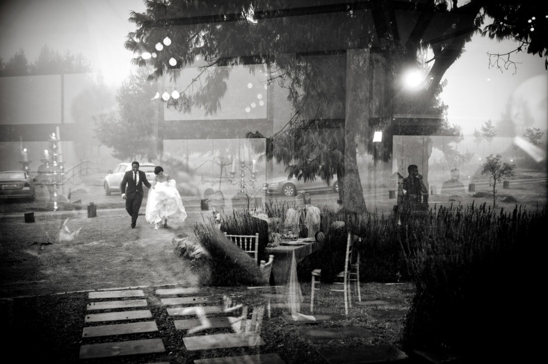 bride and groom running