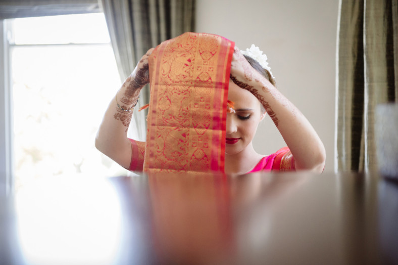 Hindu Christian Wedding Documentary Wedding Photographer Bride in Sari