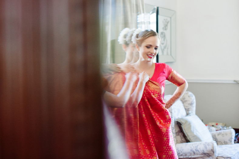 Hindu Christian Wedding Documentary Wedding Photographer Bride in Sari