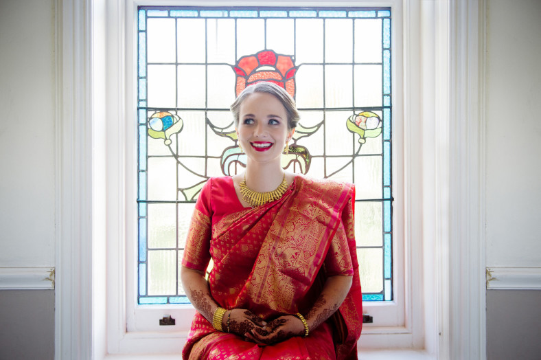Hindu Christian Wedding Documentary Wedding Photographer Bride in Sari