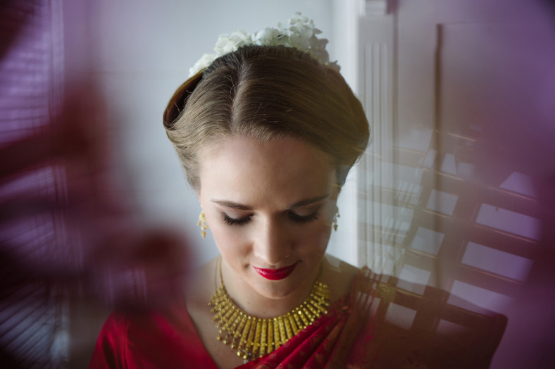 Hindu Christian Wedding Documentary Wedding Photographer Bride in Sari