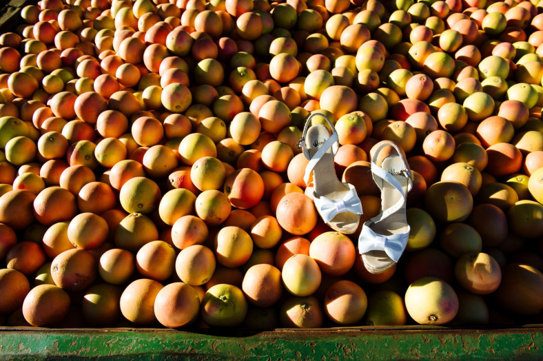 wedding shoes on grapefruit