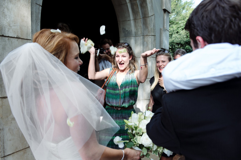 Bride and Groom congratulations with rose petal confetti
