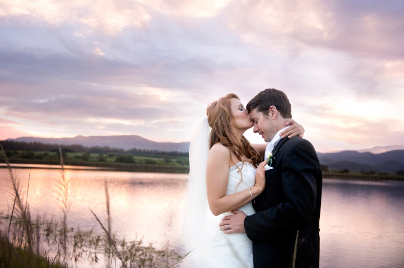 Bride and Groom sunset pic with view of lake