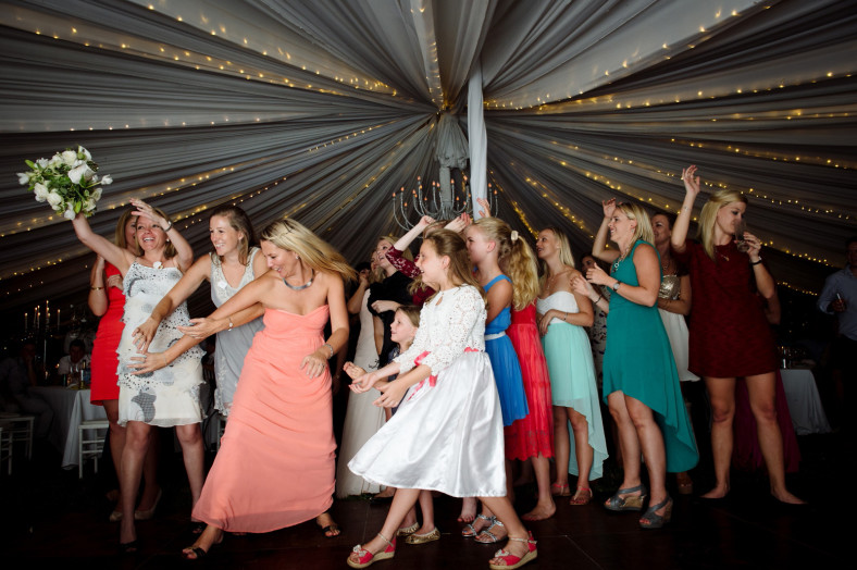 Bouquet toss at wedding