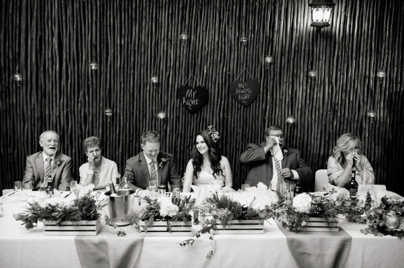 bride groom and family laughing at speeches
