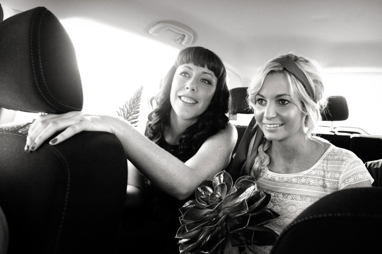 bohemian bride in car