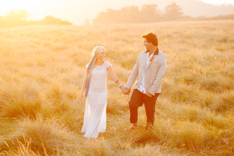 bohemian beach wedding couple