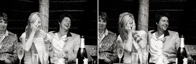 bride and groom laugh at wedding speeches