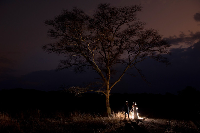 Bride and groom under African tree