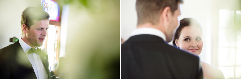 Bride and Groom through leaves