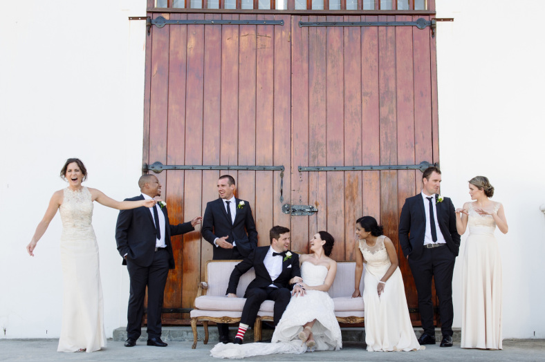 Bridal party laughing