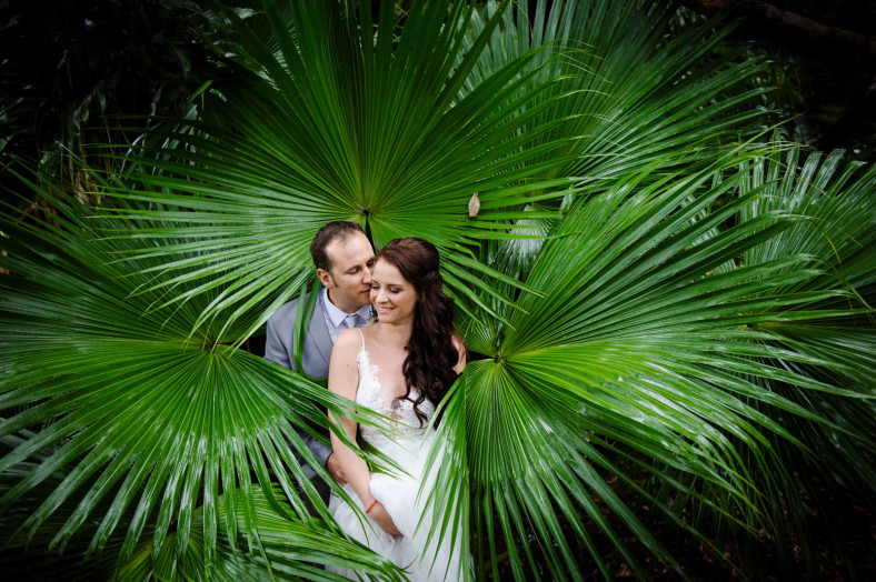 bride and groom in leaves