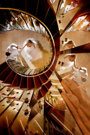 bride and groom up stairs